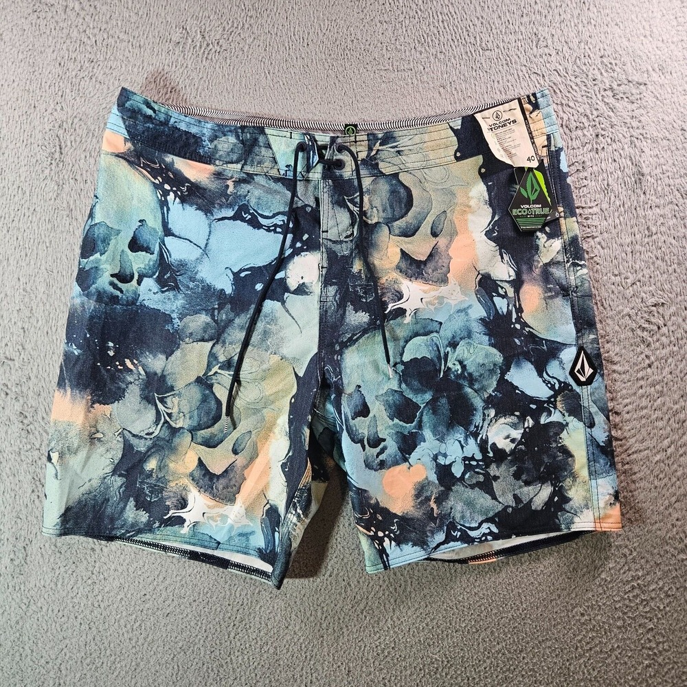 NWT Volcom Stoneys Board Shorts Swim Trunks Men 40 No Liner Abstract Blue Tone‎